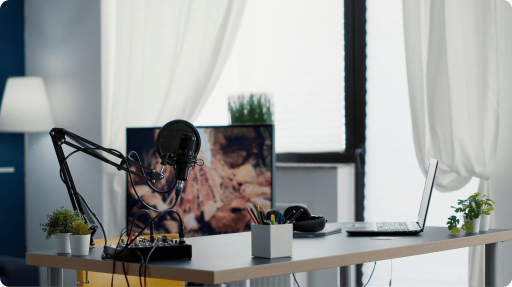 Escritorio con micrófono de brazo, filtro anti-pop, mezcladora y laptop en un estudio de podcast en casa