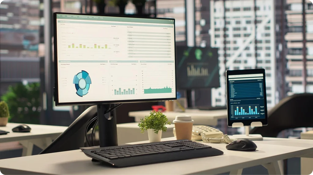 Panel con métricas financieras e ingresos en el monitor de un freelancer